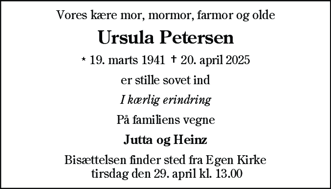 Dødsannonce for Ursula Petersen