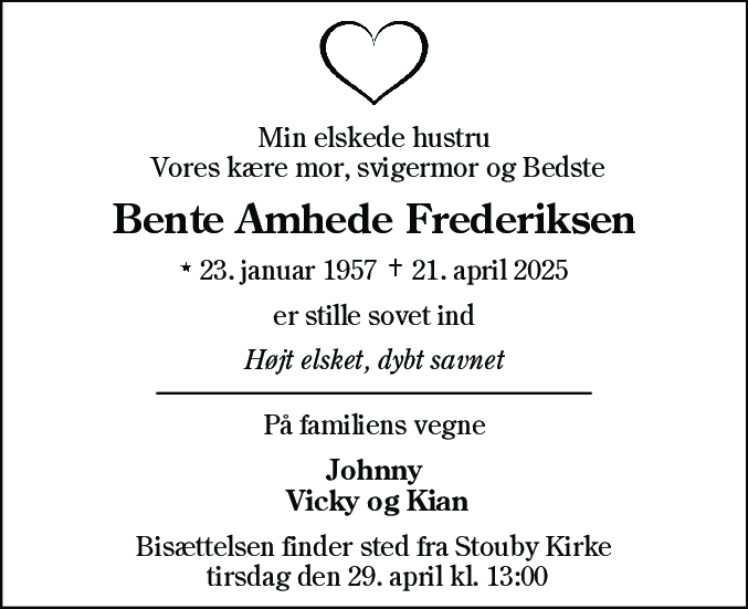 Dødsannonce for Bente Amhede Frederiksen