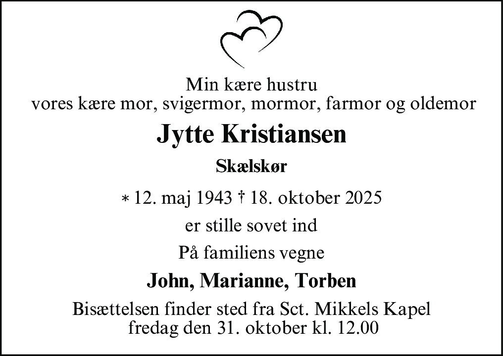 Dødsannonce for Jytte Marie Kristiansen