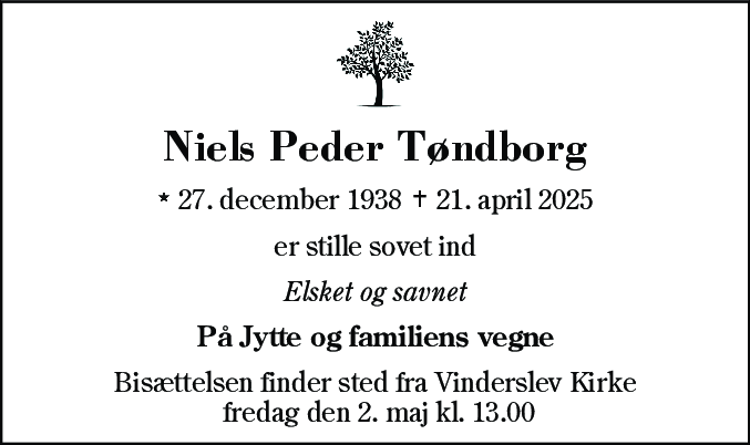 Dødsannonce for Niels Peder Tøndborg