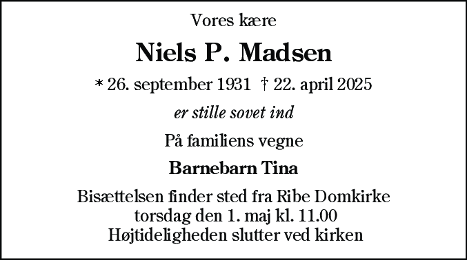 Dødsannonce for Niels Peder Madsen