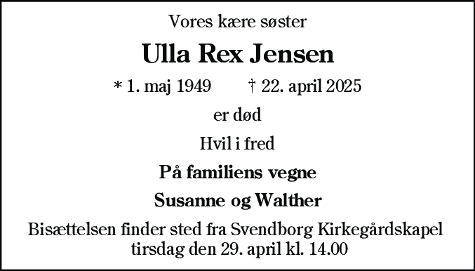 Dødsannonce for Ulla Rex Jensen