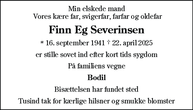 Dødsannonce for Finn Eg Severinsen