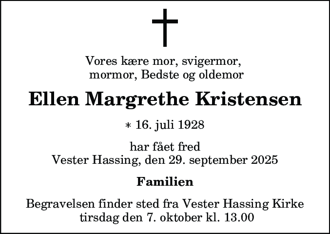 Dødsannonce for Ellen Margrethe Kristensen