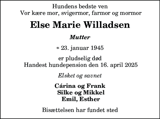Dødsannonce for Else Marie Willadsen