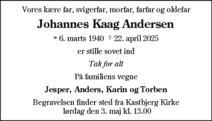 Dødsannonce for Johannes Kaag Andersen