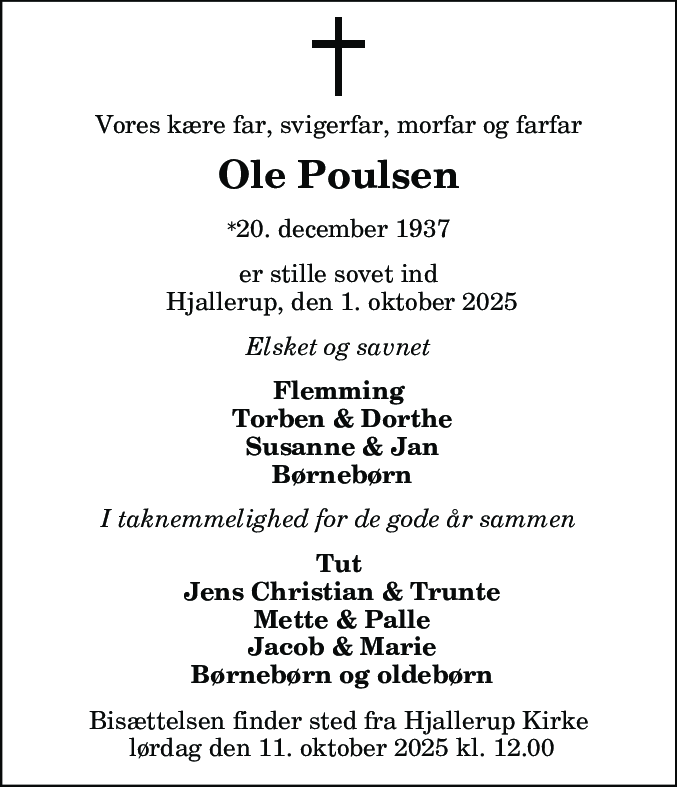 Dødsannonce for Ole Poulsen