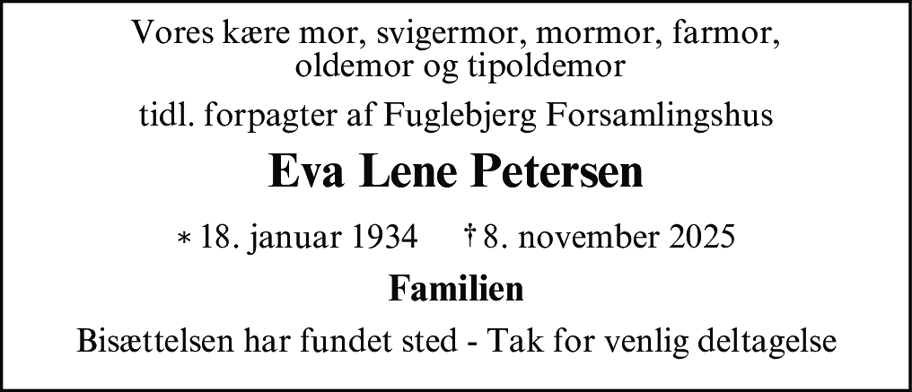 Dødsannonce for Eva Lene Petersen