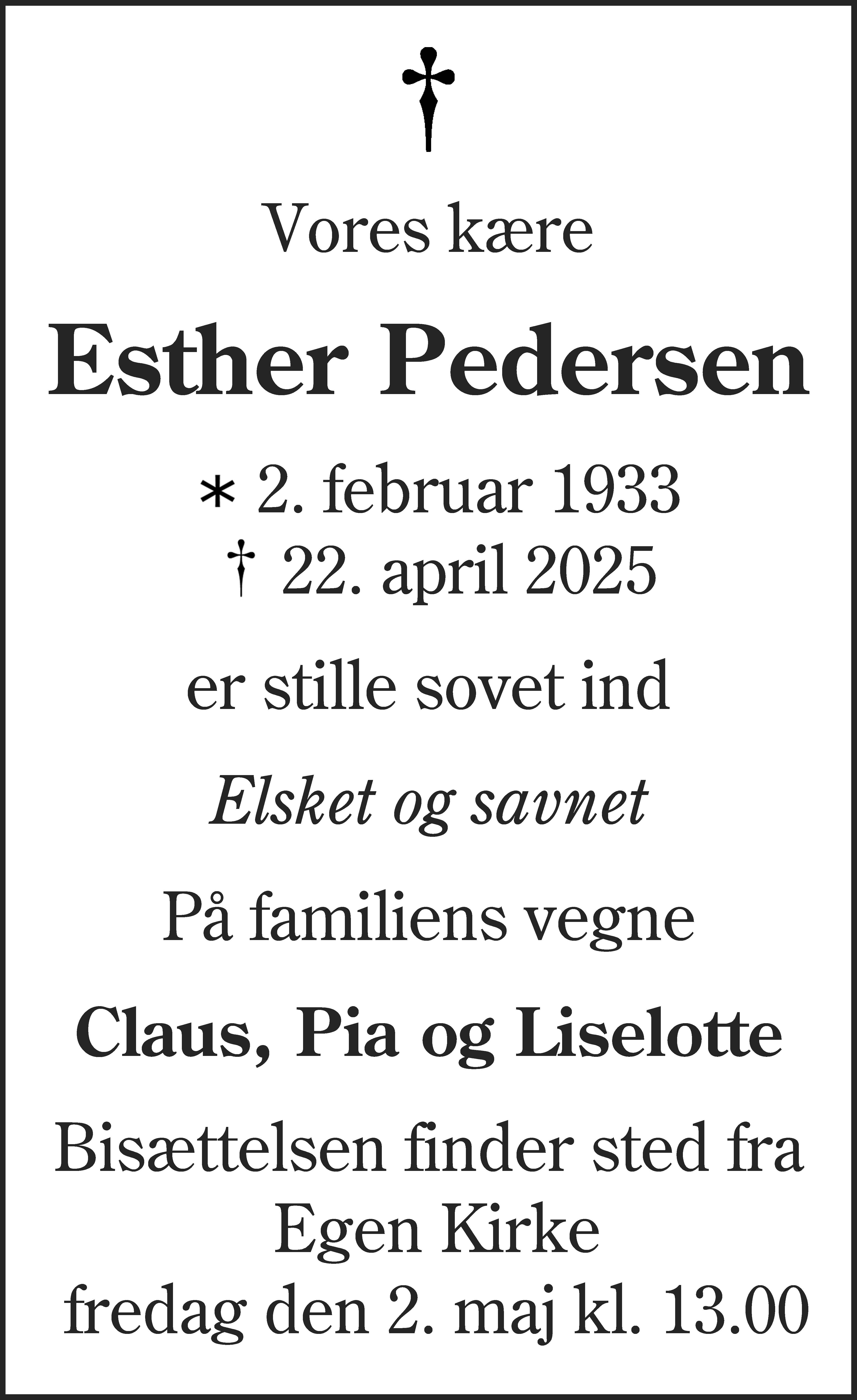 Dødsannonce for Esther Pedersen