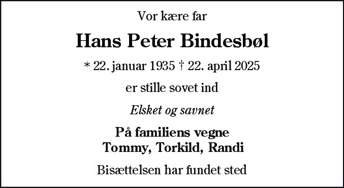 Dødsannonce for Hans Peter Bindesbøl
