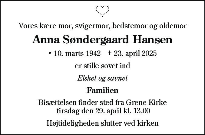 Dødsannonce for Anna Søndergaard Hansen