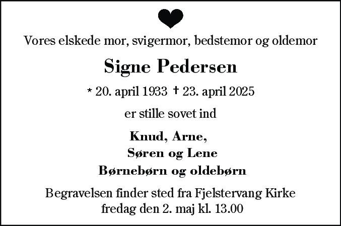 Dødsannonce for Signe Pedersen