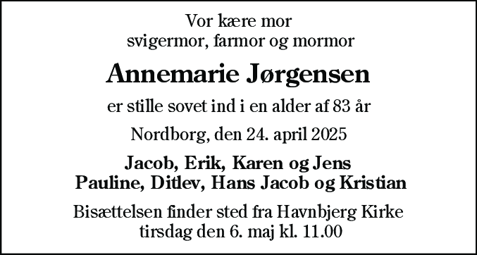Dødsannonce for Annemarie Jørgensen