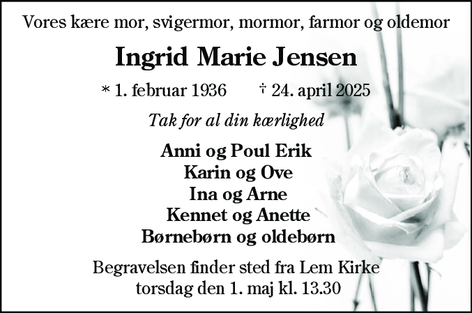 Dødsannonce for Ingrid Marie Jensen