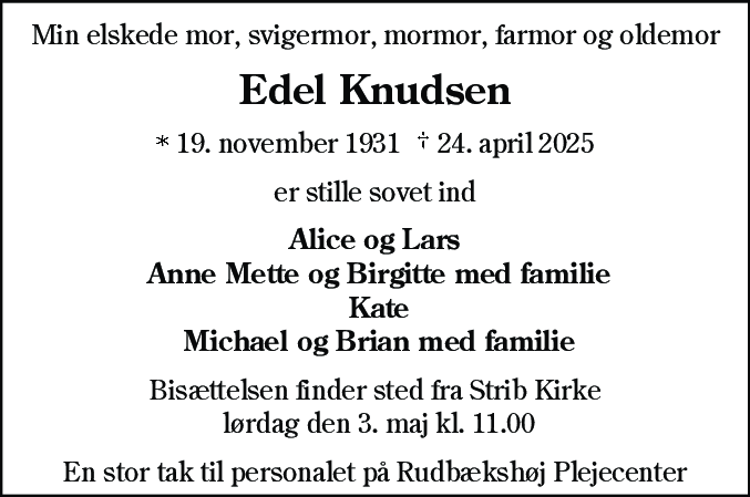 Dødsannonce for Edel Knudsen