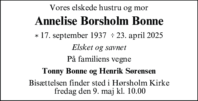 Dødsannonce for Annelise Borsholm Bonne