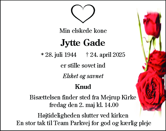 Dødsannonce for Jytte Gade