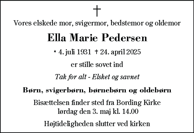 Dødsannonce for Ella Marie Pedersen