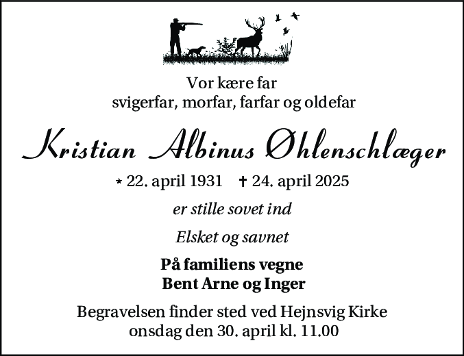 Dødsannonce for Kristian Albinus Øhlenschlæger