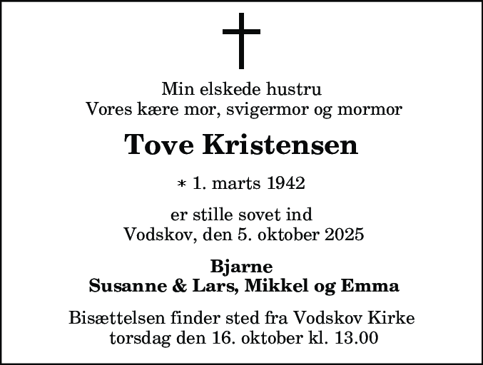 Dødsannonce for Tove Kristensen