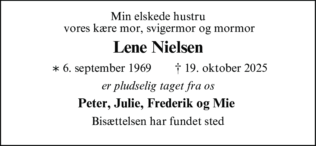 Dødsannonce for Lene Nielsen