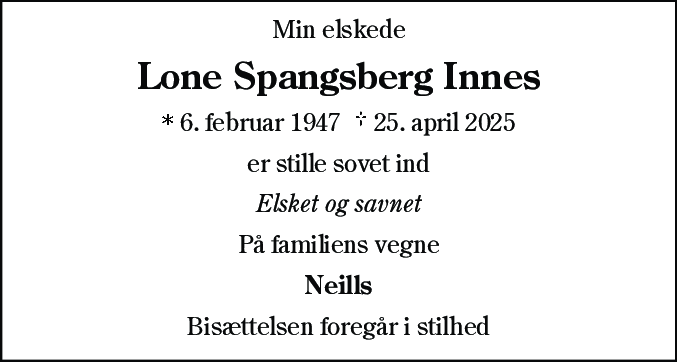 Dødsannonce for Lone Spangsberg Innes