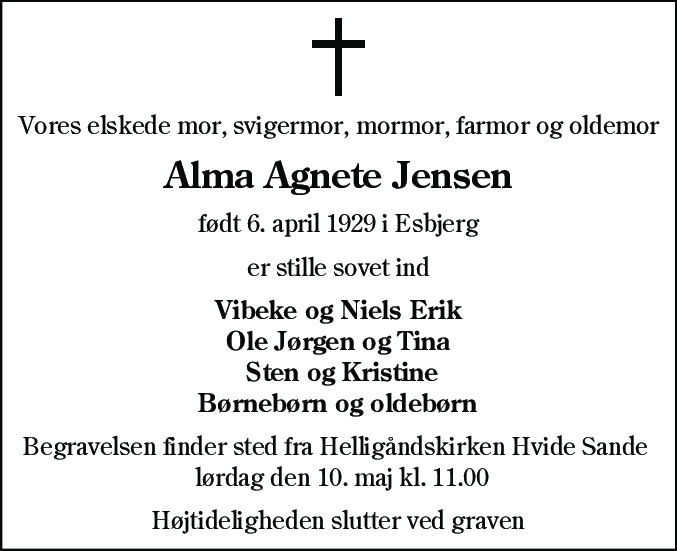 Dødsannonce for Alma Agnete Jensen