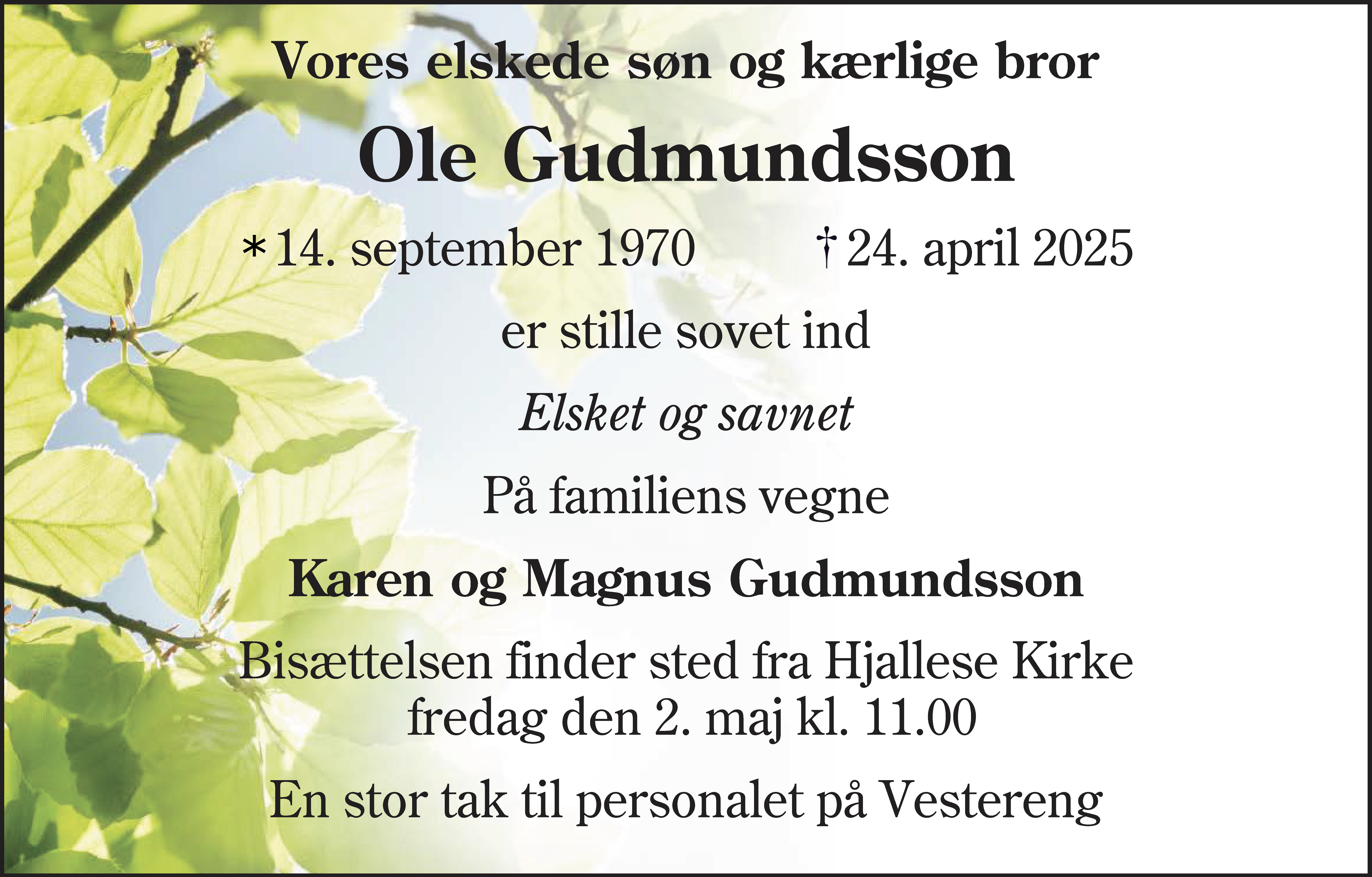 Dødsannonce for Ole Gudmundsson