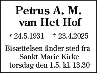Dødsannonce for Petrus Arnoldus Maria van Het Hof