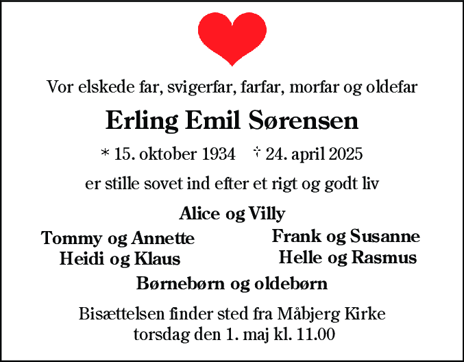 Dødsannonce for Erling Emil Sørensen