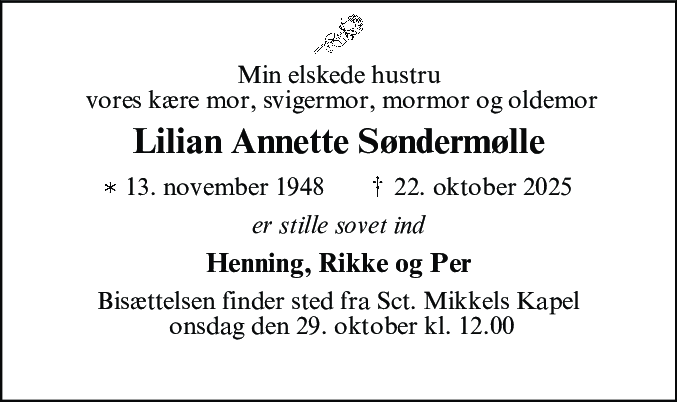 Dødsannonce for Lilian Annette Søndermølle