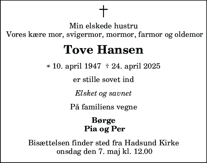 Dødsannonce for Tove Hansen