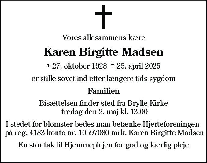 Dødsannonce for Karen Birgitte Madsen