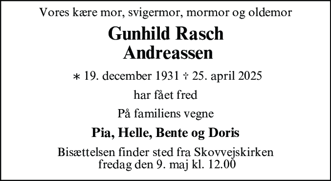 Dødsannonce for Gunhild Rasch Andreassen