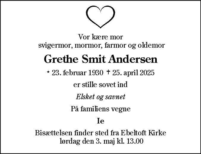 Dødsannonce for Grethe Smit Andersen