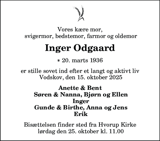 Dødsannonce for Inger Odgaard