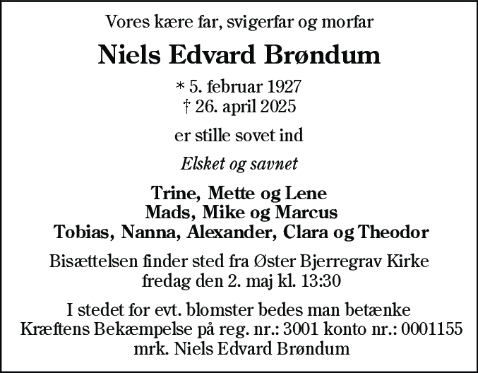 Dødsannonce for Niels Edvard Brøndum
