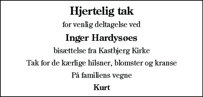 Dødsannonce for Inger Margrethe Rasmussen Hardysøe