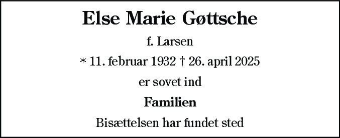 Dødsannonce for Else Marie Gøttsche