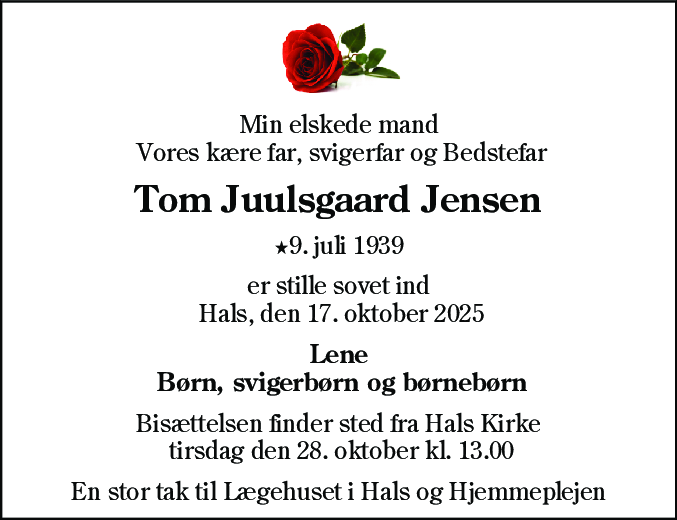 Dødsannonce for Tom Juulsgaard Jensen
