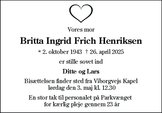 Dødsannonce for Britta Ingrid Frich Henriksen