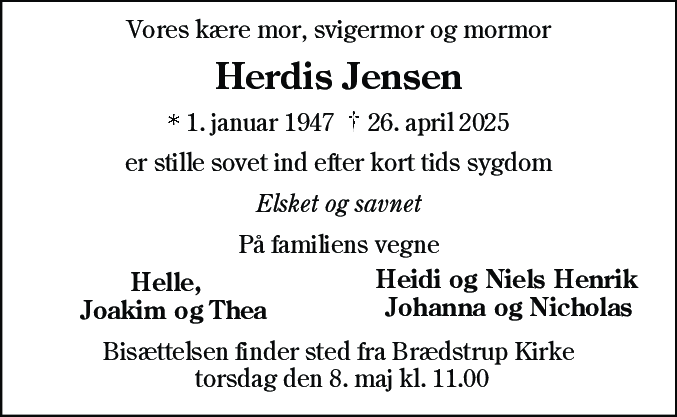 Dødsannonce for Herdis Kirstine Jensen
