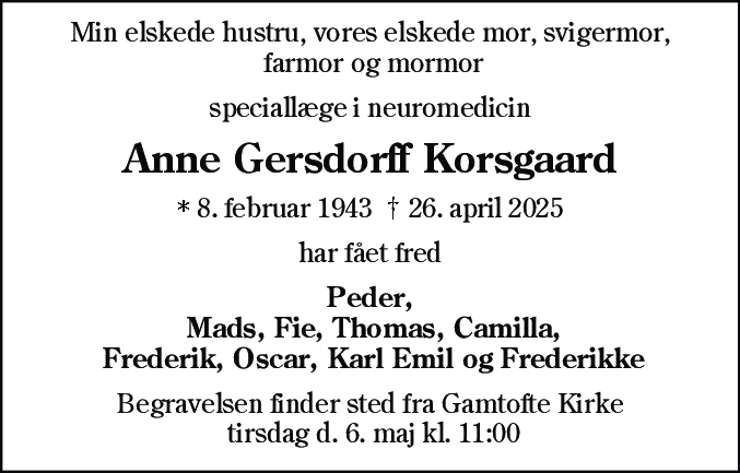 Dødsannonce for Anne Gersdorff Korsgaard