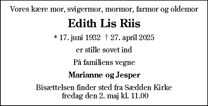 Dødsannonce for Edith Lis Riis