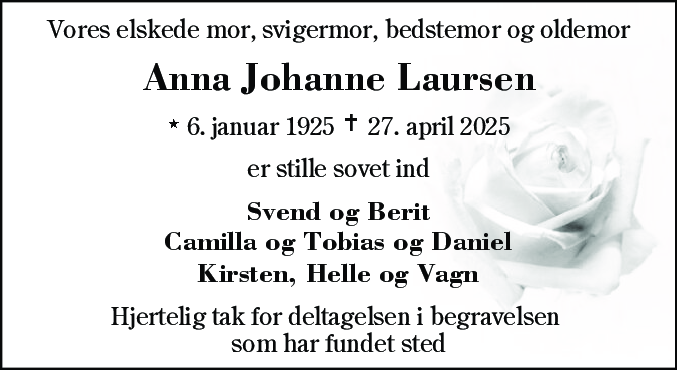 Dødsannonce for Anna Johanne Laursen