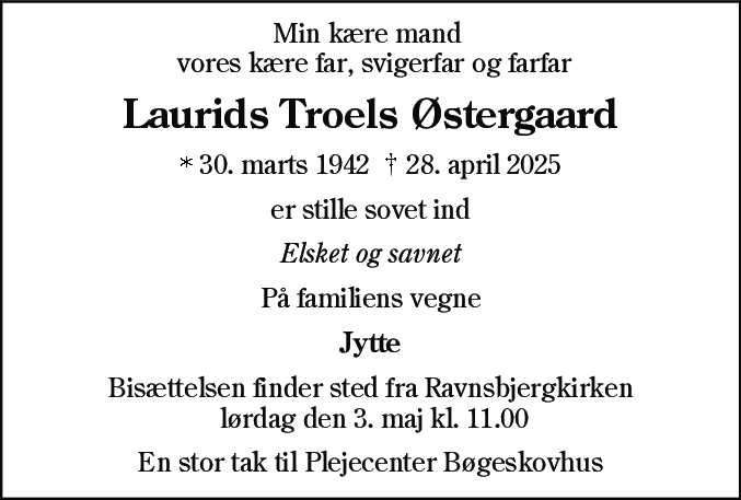 Dødsannonce for Laurids Troels Østergaard