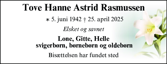 Dødsannonce for Tove Hanne Astrid Rasmussen