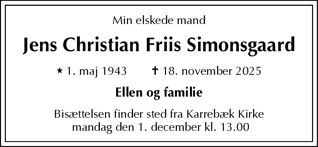 Dødsannonce for Jens Christian Friis Simonsgaard