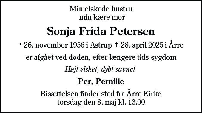 Dødsannonce for Sonja Frida Petersen