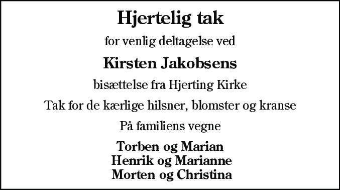 Dødsannonce for Kirsten Jakobsen